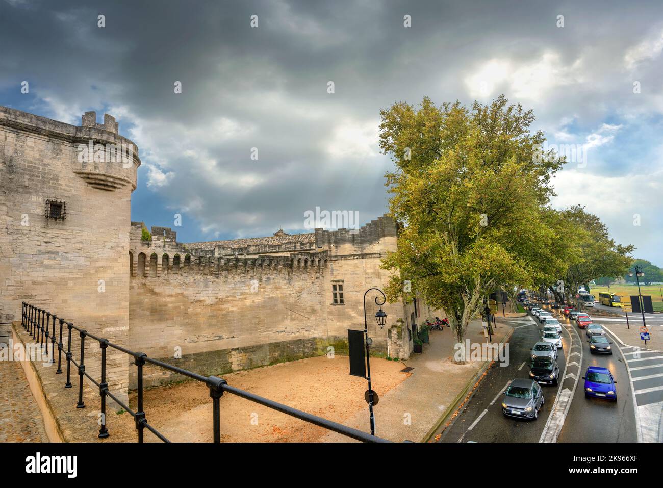 View from the bridge of old fortification walls and road with traffic ...