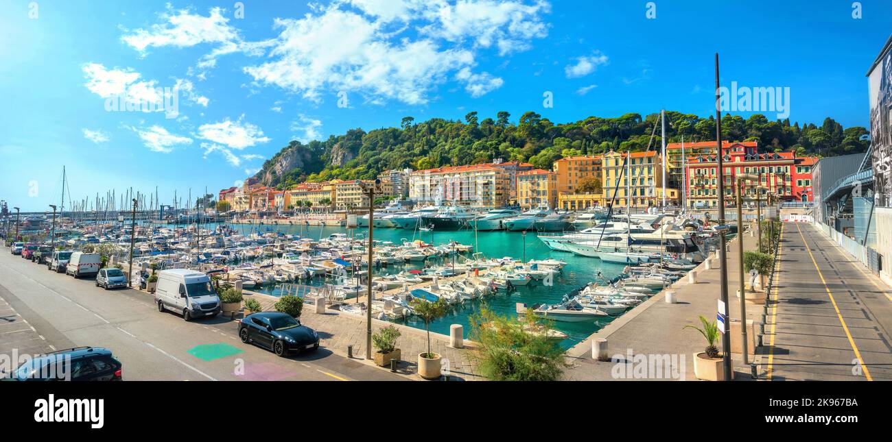 Panoramic view of  embankment and harbour with marina in Port Lympia. Nice, France, Cote d'Azur, French Riviera Stock Photo