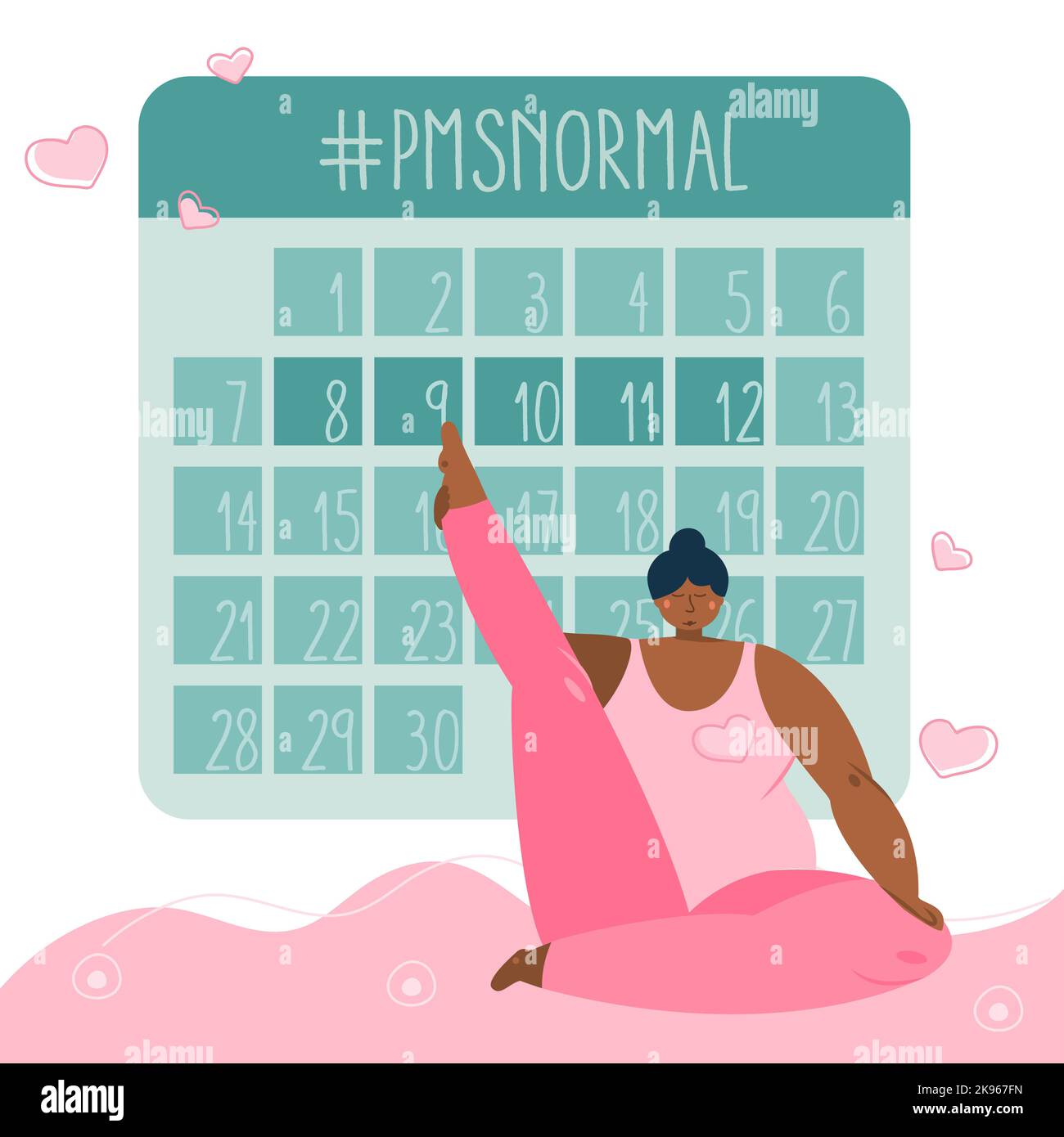 PMS calendar with body positive women do yoga, do sport exercise. The