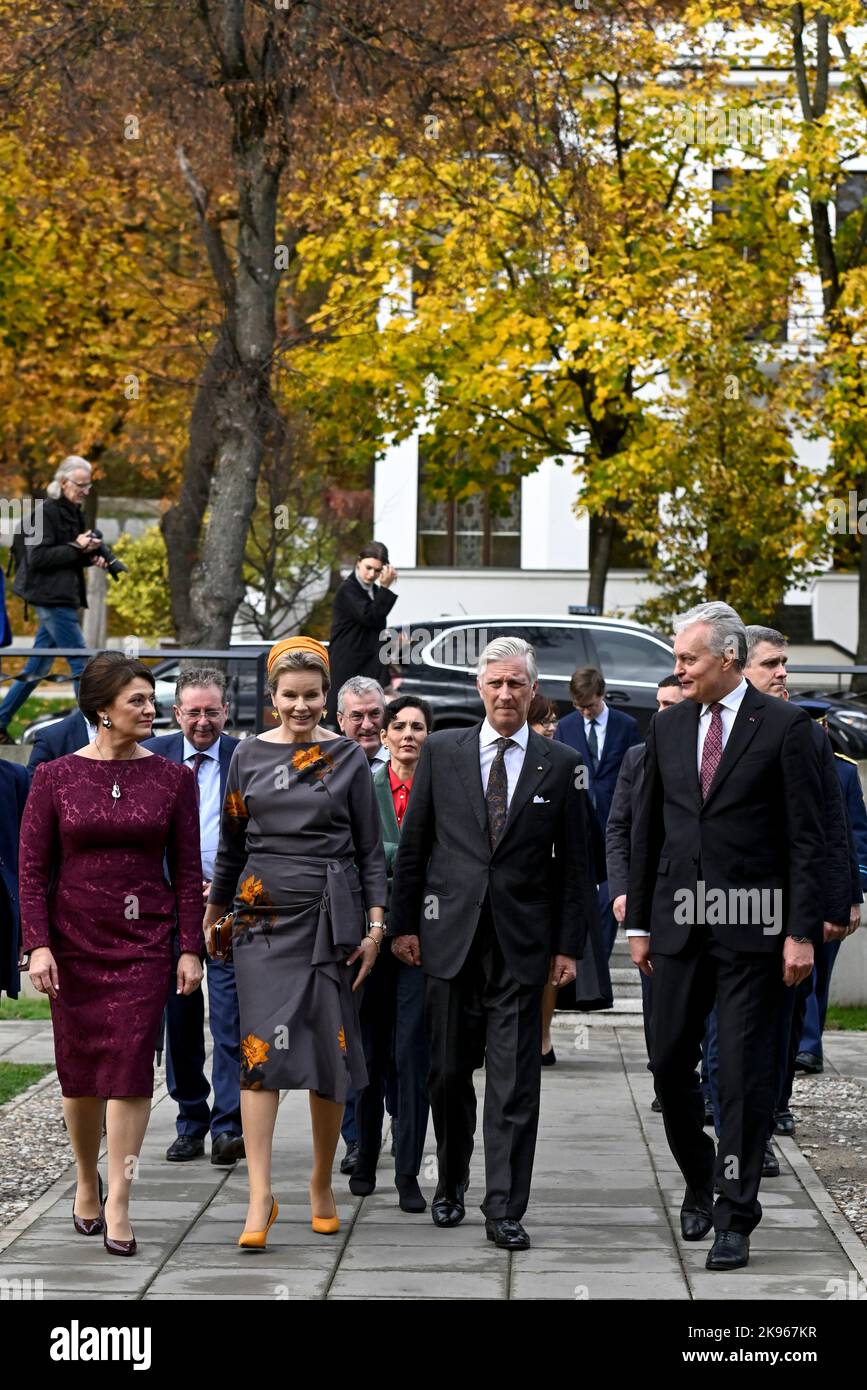 Lithuania first lady Diana Nausediene, Queen Mathilde of Belgium, King Philippe - Filip of Belgium and Lithuania President Gitanas Nauseda pictured during the official state visit of the Belgian Royal Couple to the Republic of Lithuania, Wednesday 26 October 2022, in Pabrade. BELGA PHOTO DIRK WAEM Stock Photo