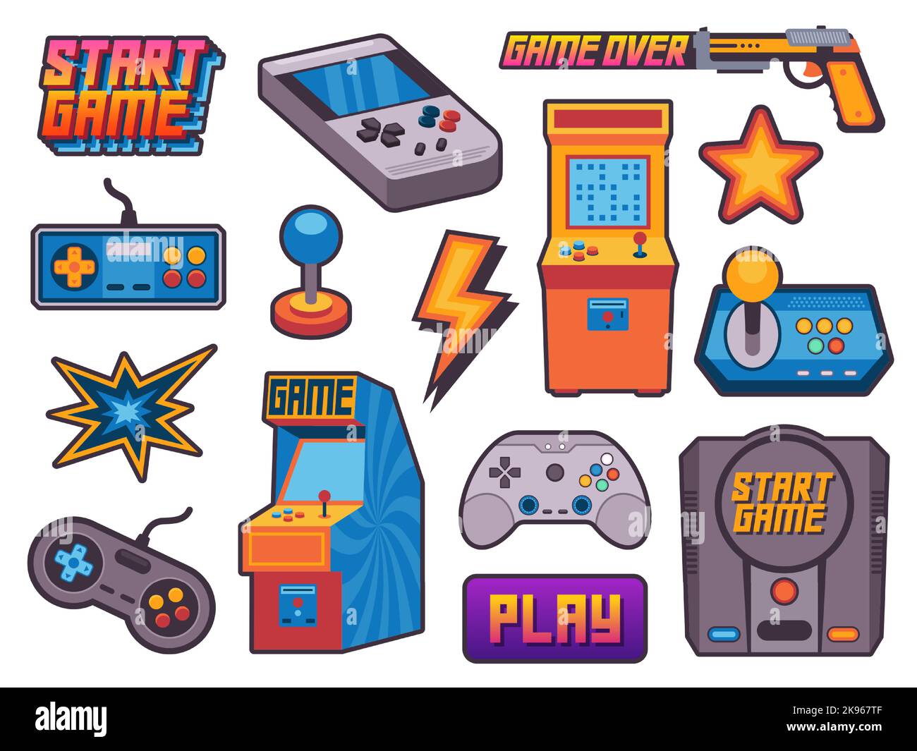 Video game stickers. Vintage gamer assets with pixel 8 bit icons, cartoon nostalgia hipster gamepad joystick arcades flat style. Vector illustration Stock Vector