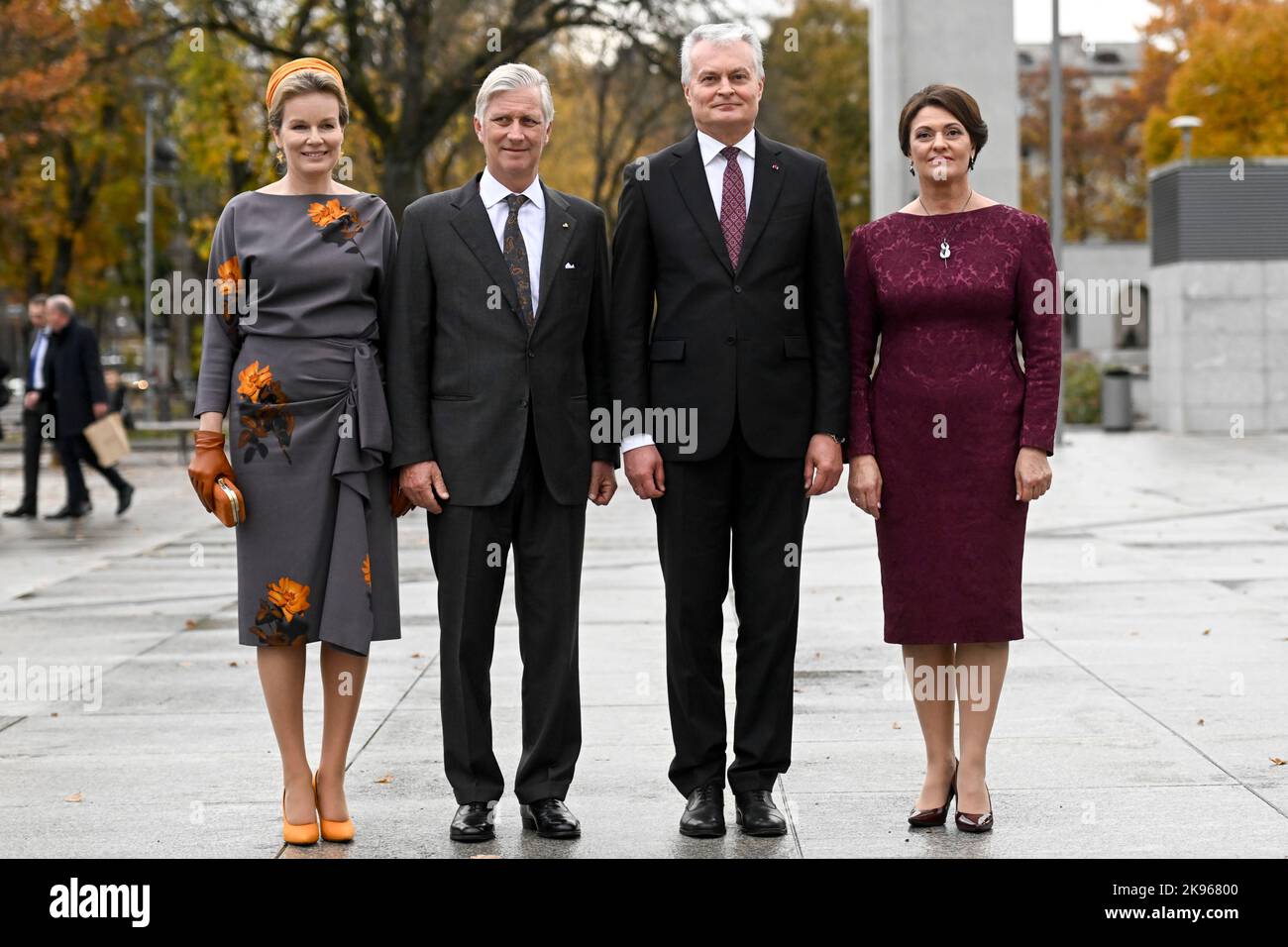 Queen Mathilde of Belgium, King Philippe - Filip of Belgium, Lithuania President Gitanas Nauseda and Lithuania first lady Diana Nausediene pose for the photographer during the official state visit of the Belgian Royal Couple to the Republic of Lithuania, Wednesday 26 October 2022, in Pabrade. BELGA PHOTO DIRK WAEM Stock Photo