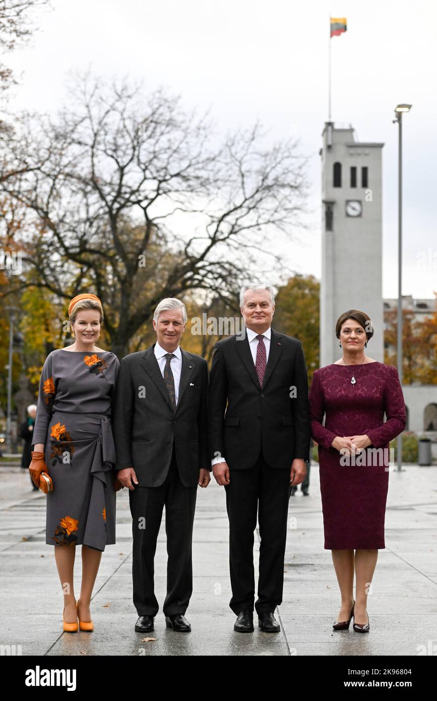 Queen Mathilde of Belgium, King Philippe - Filip of Belgium, Lithuania President Gitanas Nauseda and Lithuania first lady Diana Nausediene pose for the photographer during the official state visit of the Belgian Royal Couple to the Republic of Lithuania, Wednesday 26 October 2022, in Pabrade. BELGA PHOTO DIRK WAEM Stock Photo
