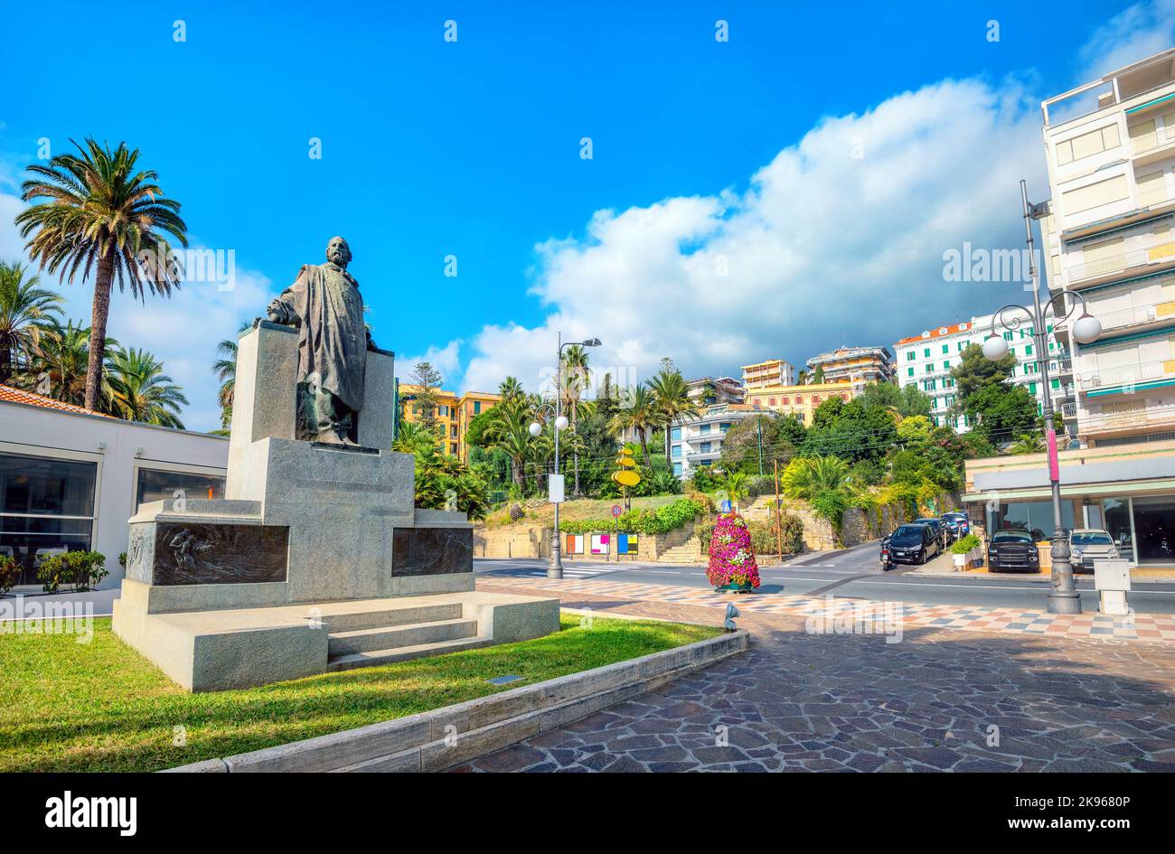 View of monument to Giuseppe Garibaldi on coastal promenade in sunny day.  San Remo, Italy Stock Photo