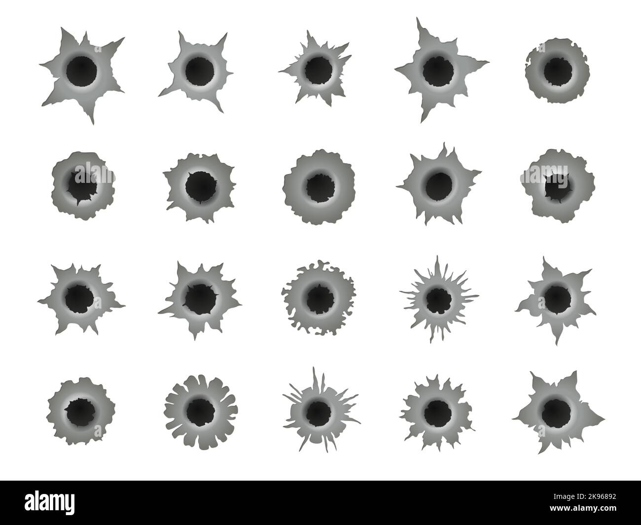 Shot holes. Gun bullet circle crack, ragged circular damage destruction torn hit on surface, peeling gap fissure elements. Vector isolated collection Stock Vector