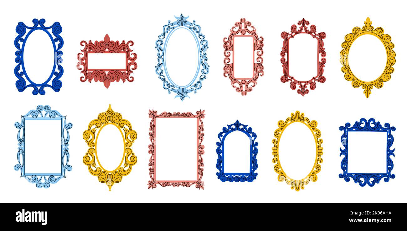 Decorative frames. Vintage baroque antique decorative tracery mirrors, creative cartoon doodle romantic design elements. Vector isolated set Stock Vector