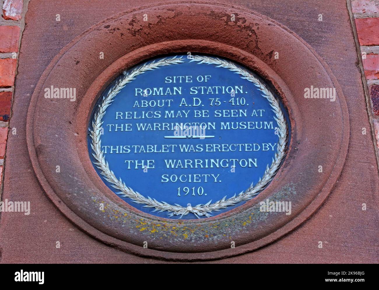 Site of Roman station about AD 75-410 plaque, Wilderspool, Warrington, relics may be seen at museum, erected 1910 Stock Photo