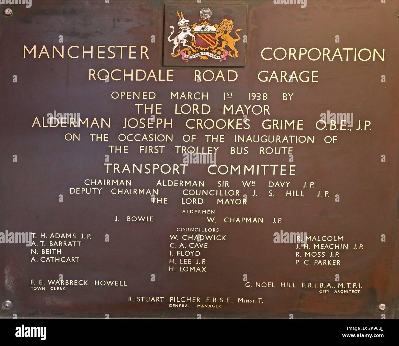 Plaque, from Manchester Corporation Rochdale Road Bus depot 1938 Stock Photo