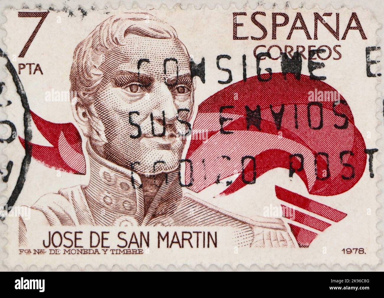 Photo of a Spanish postage stamp with a portrait of Argentinian born General Jose de San Martin Famous People series 1978 Stock Photo
