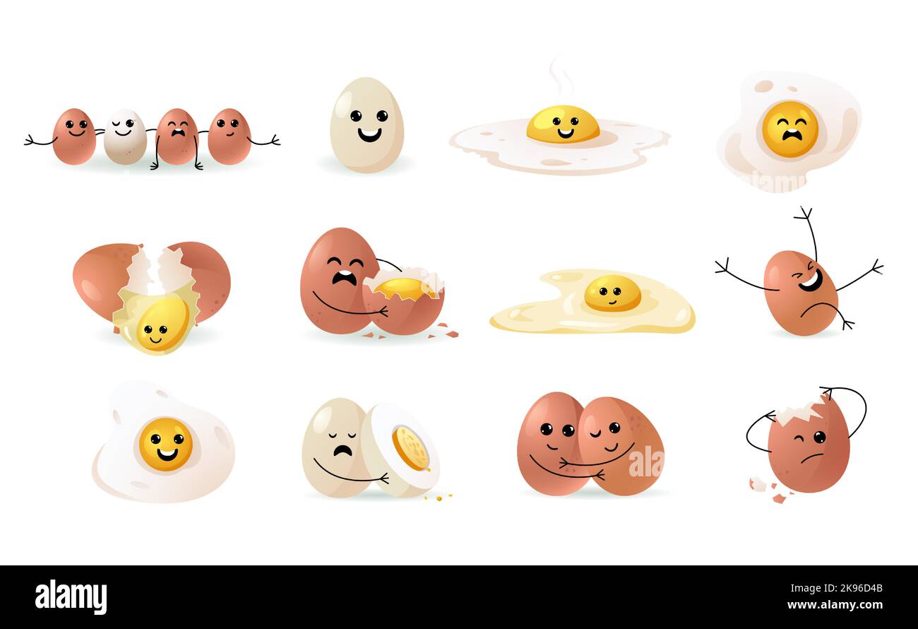 Cute egg faces. Cartoon funny doodle happy characters, easter egghead kawaii emoji flat comic emotion mascot kid stickers. Vector isolated set Stock Vector