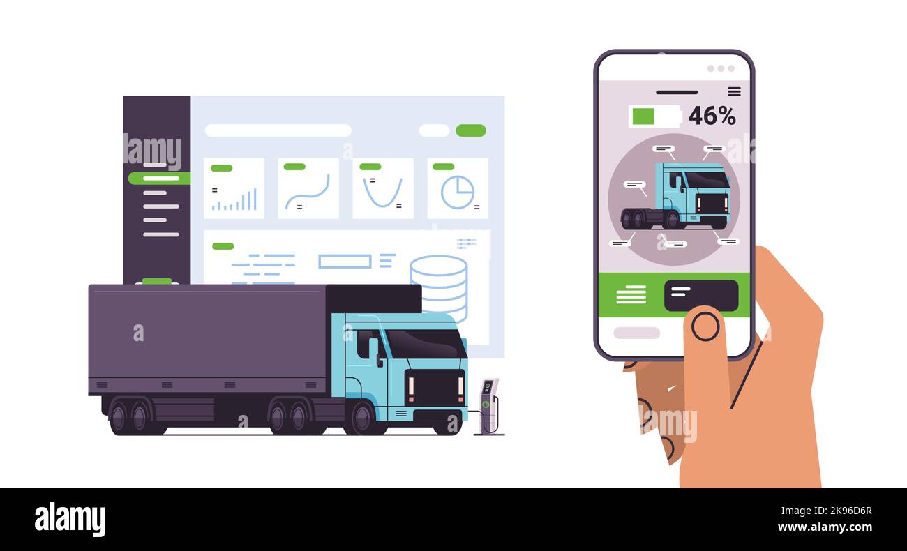 hand charging electric semi truck in mobile app battery vehicle at