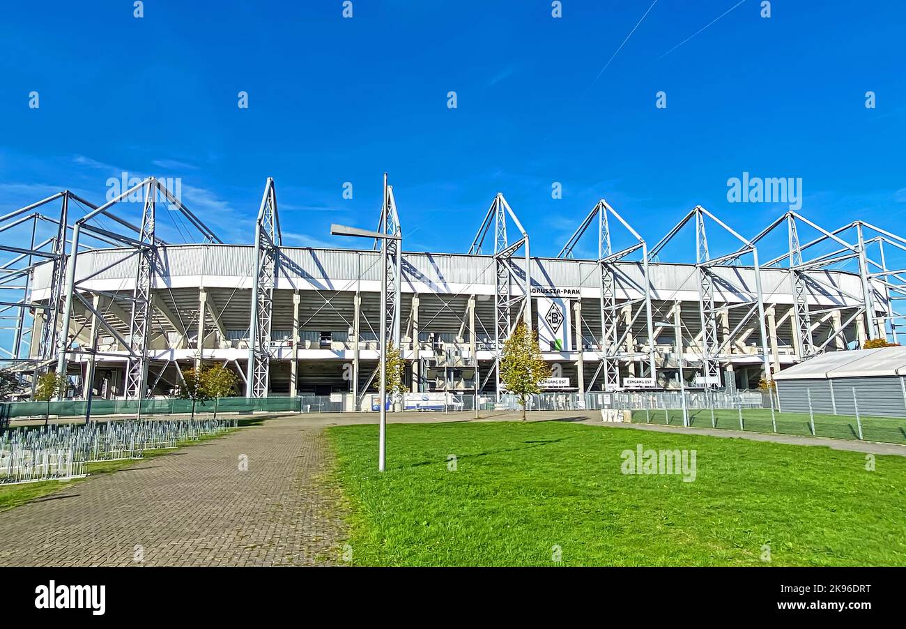 Mönchengladbach, Germany - October 9. 2022: Modern football stadium against blue sky in Borussia park Stock Photo
