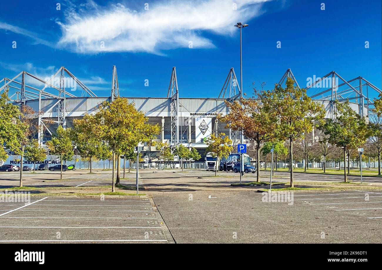 Mönchengladbach, Germany - October 9. 2022: Modern football stadium against blue sky in Borussia park Stock Photo