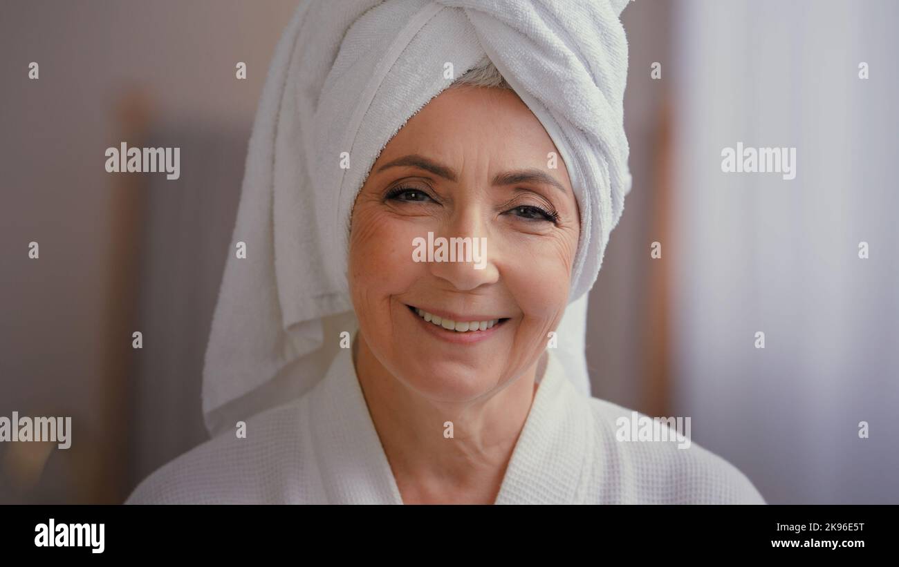 Close Up Happy Smiling Attractive Senior Caucasian Mature Grandma 60s Middle Aged Woman Wearing