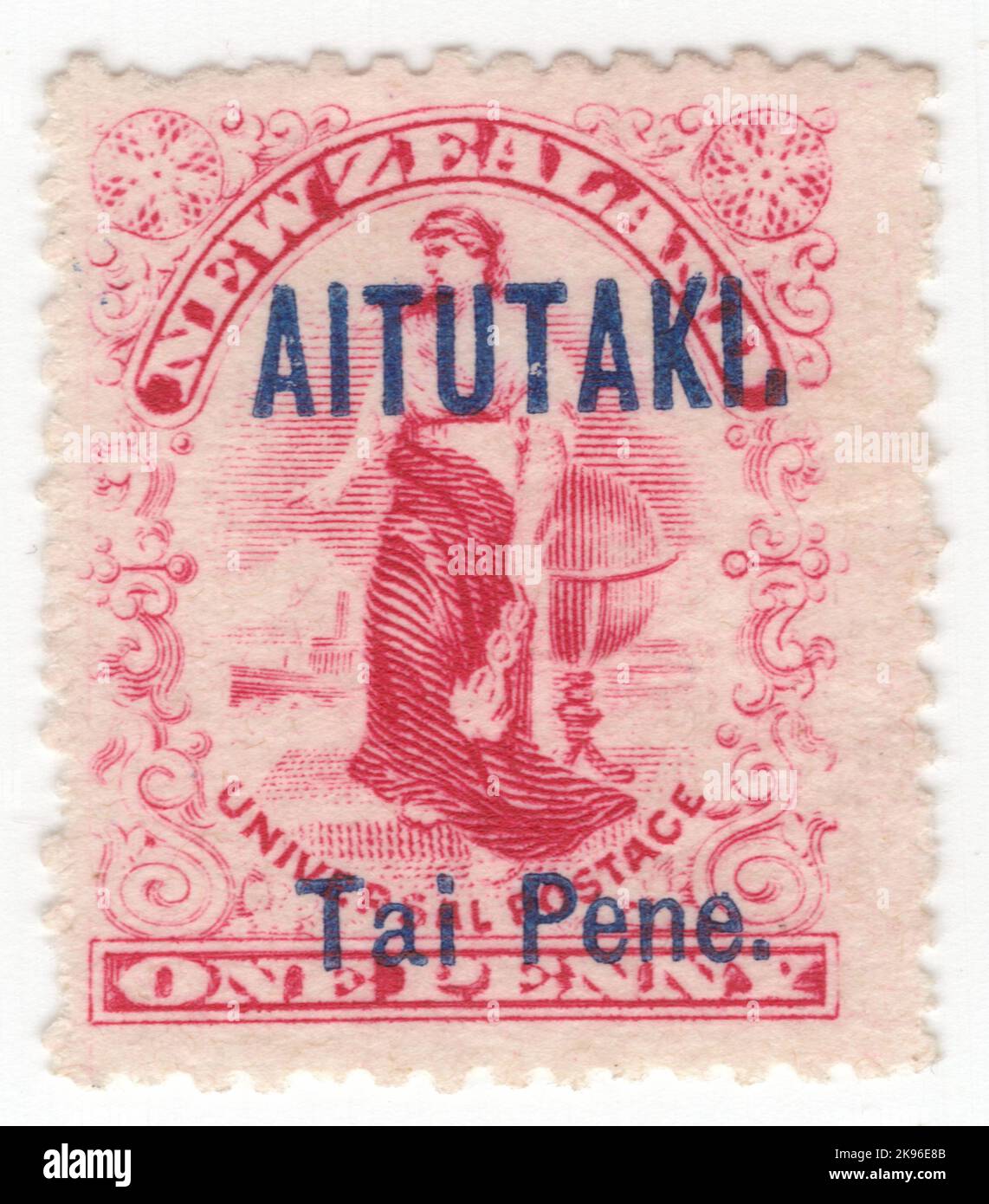 AITUTAKI - CIRCA 1903: An 1 pence rose carmine postage stamp depicting allegory 'Commerce'. Stamp of New Zealand overprinted 'AITUTAKI' and value in native language in Blue Stock Photo