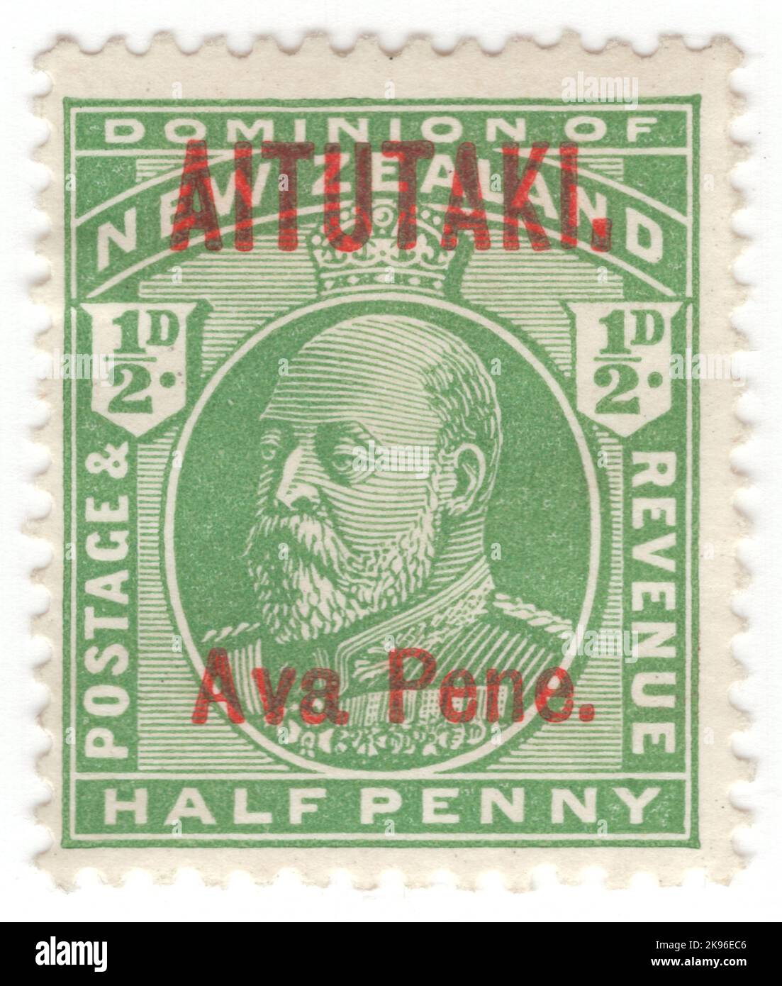 AITUTAKI - CIRCA 1911: An ½ pence green postage stamp showing portrait of King Edward VII. Stamp of New Zealand overprinted 'AITUTAKI' and value in native language in Red Stock Photo
