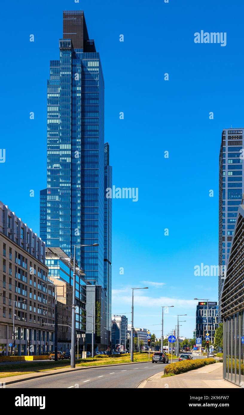 Warsaw, Poland - July 3, 2022: Warsaw Unit office tower known as Spinnaker by Ghelamco rising over Panska and Prosta street in Wola business district Stock Photo