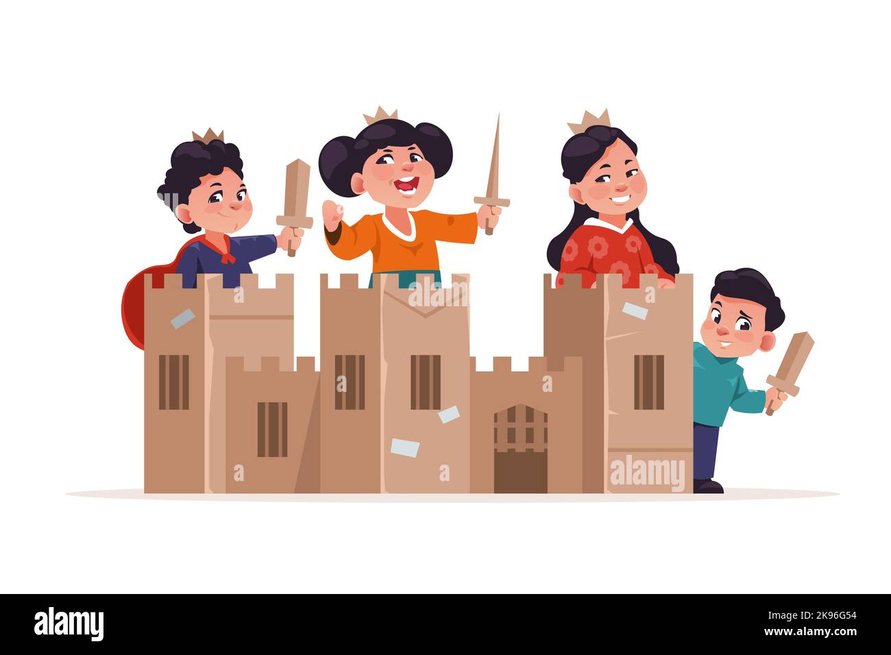 Cardboard box castle. Cartoon children knights playing with handmade toys, cute characters build together carton fortress. Vector illustration Stock Vector