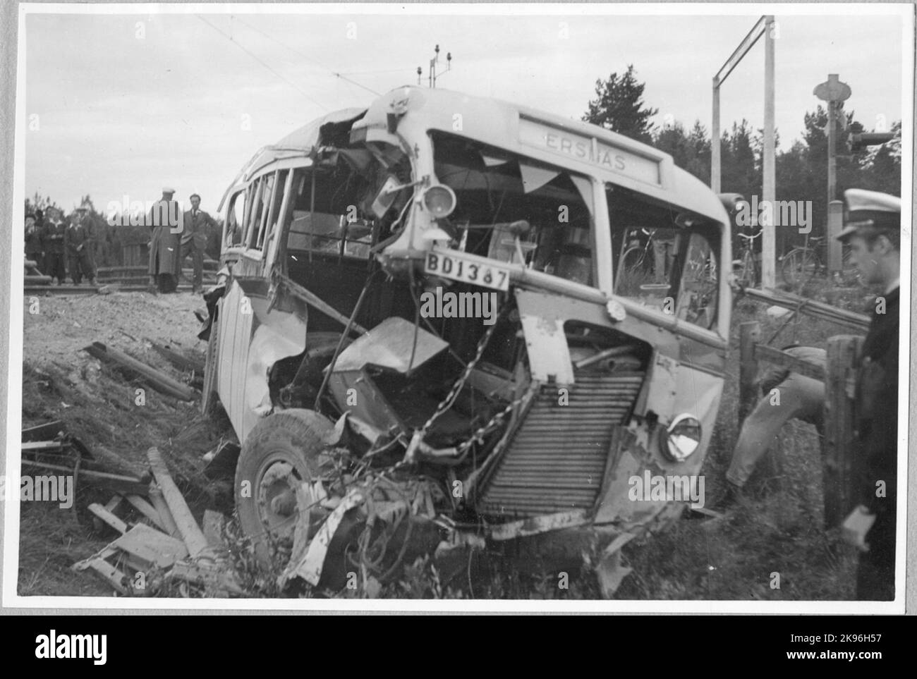 Remains of bus after train accident at the railway crossing between
