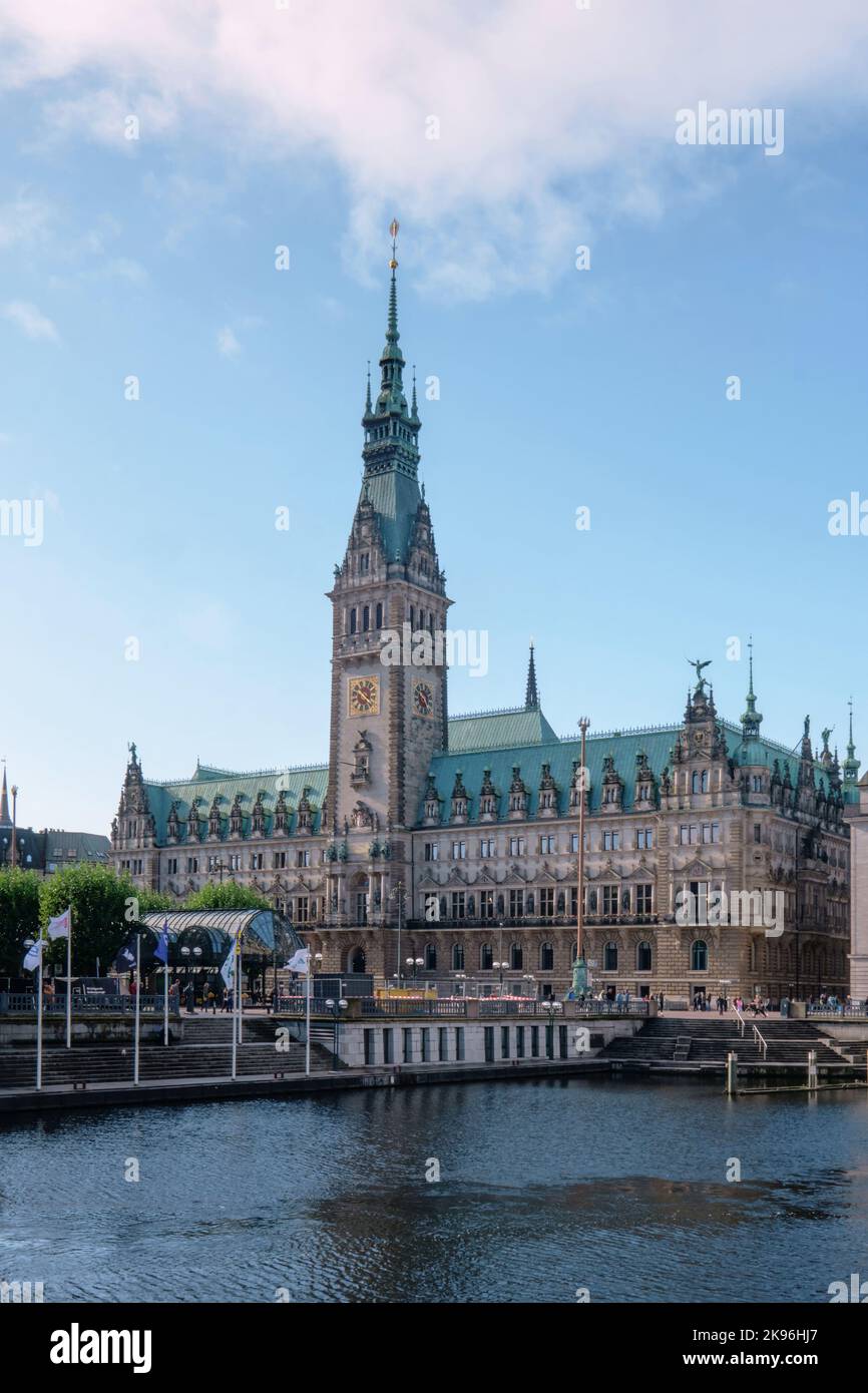 Hamburg, Germany - Sept 2022: Beautiful view of famous Hamburg town hall under blue sky at market square near lake Binnenalster in Altstadt quarter Stock Photo