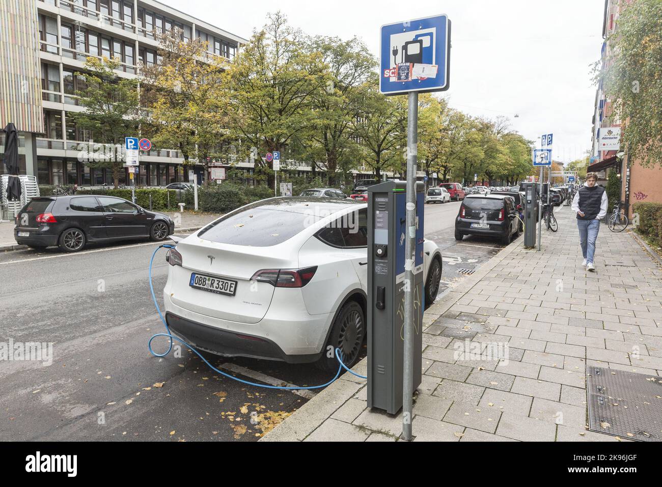 Tesla car at charging station Stock Photo Alamy