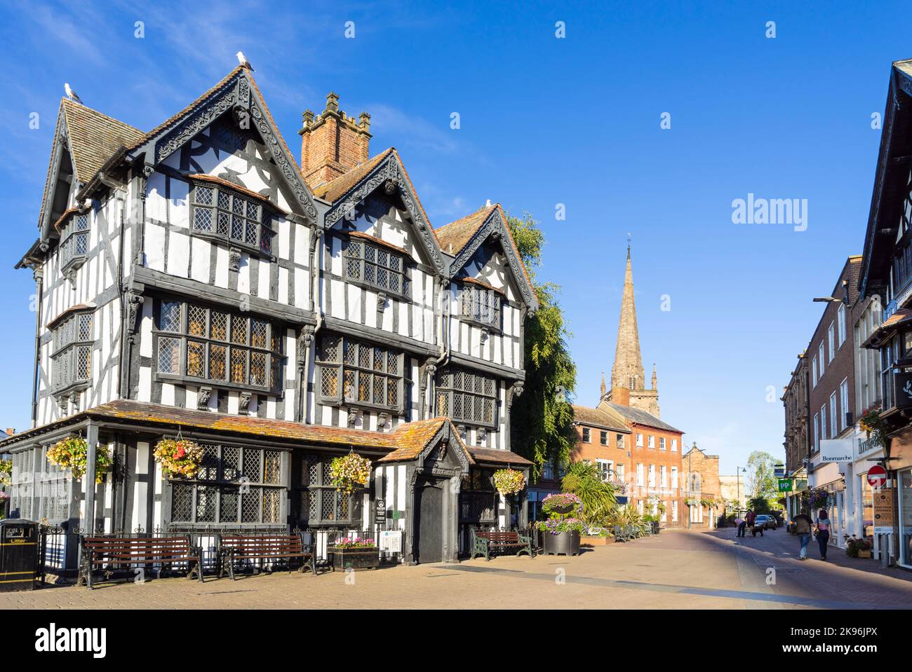 Hereford 17th Century The Old House Black and White House Museum St Peter's st and St Peter's Church spire High Town Hereford Herefordshire England UK Stock Photo