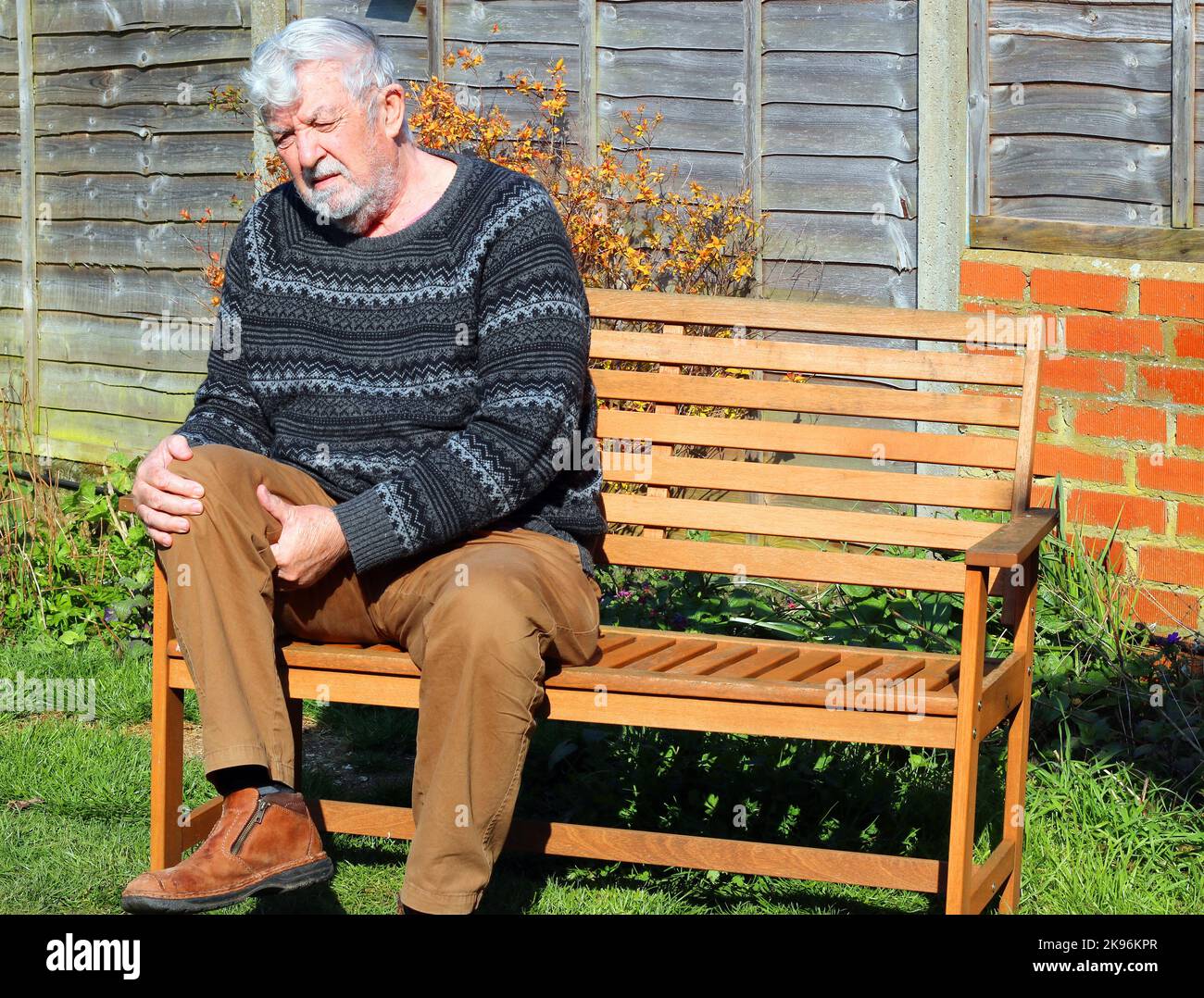 Senior or elderly man suffering pain with arthritis in the knee or leg. Holding his legs in agony. Stock Photo