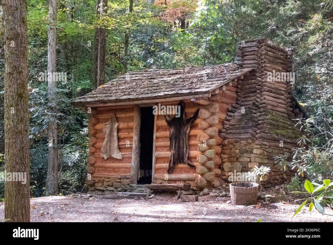 Rustic cabin in the woods of the Oconaluftee Indian Village in North