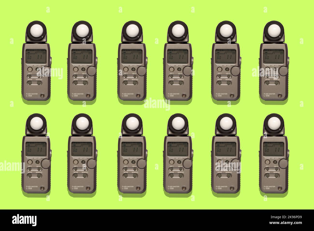 top view of a professional lightmeter on a colourful background, repetition, pattern, pop, professional studio shot Stock Photo