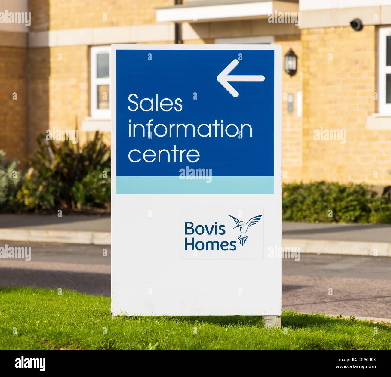 Bovis Homes Sales Information Centre sign at the Stortford Fields housing development. Stock Photo