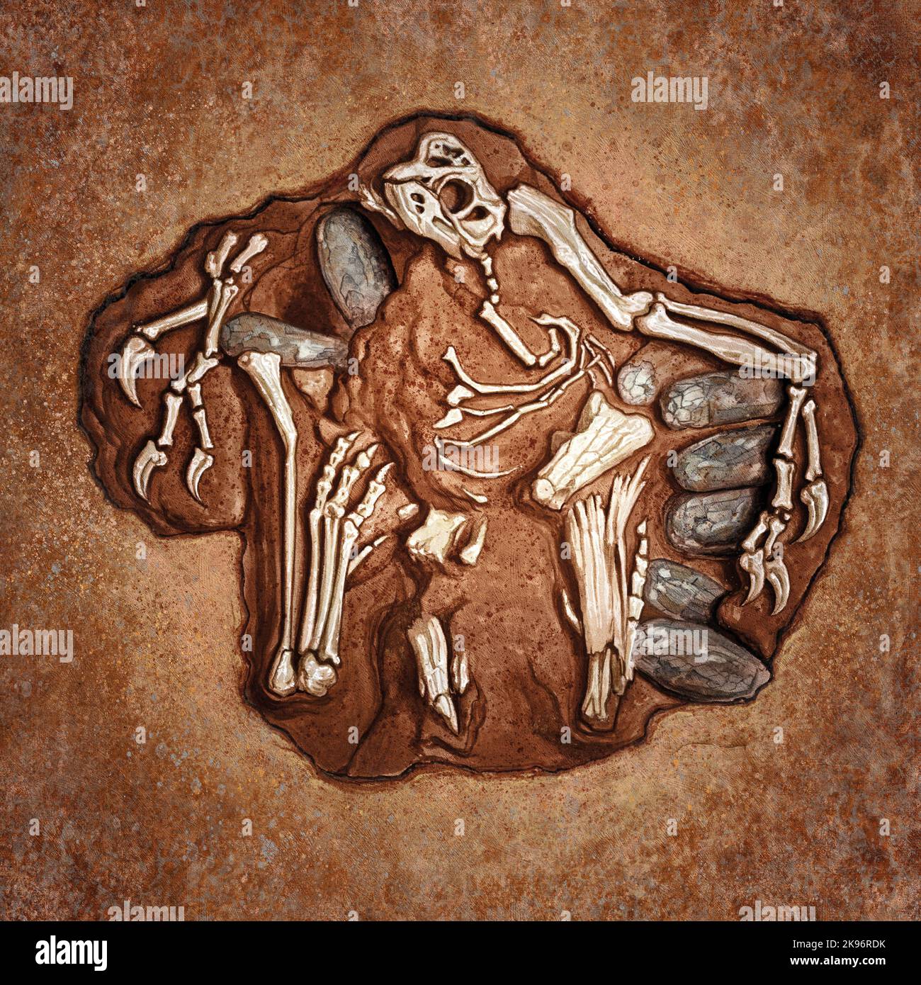 Realistic Oviraptor Clutch Illustration with Petrified Eggs Stock Photo