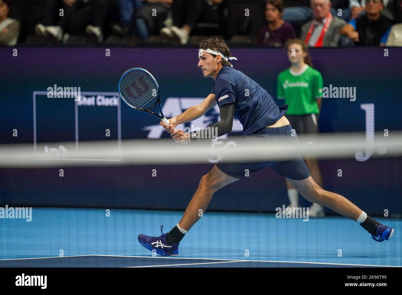 Basel, Switzerland. 26th Oct, 2022. Basel, Switzerland, October 26th 2022:  Marc-Andrea Huesler (SUI) in action during the Swiss Indoors ATP 500 tennis  tournament match between Felix Auger-Aliassime (CAN) and Marc-Andrea  Huesler (SUI)