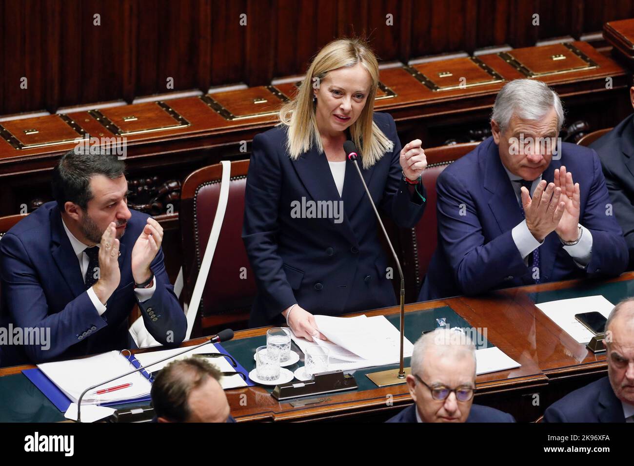 Italy, Rome, October 25, 2022 : Giorgia Meloni, new President of the Council of Ministers, flanked by the Vice Presidents, Matteo Salvini Minister of Stock Photo