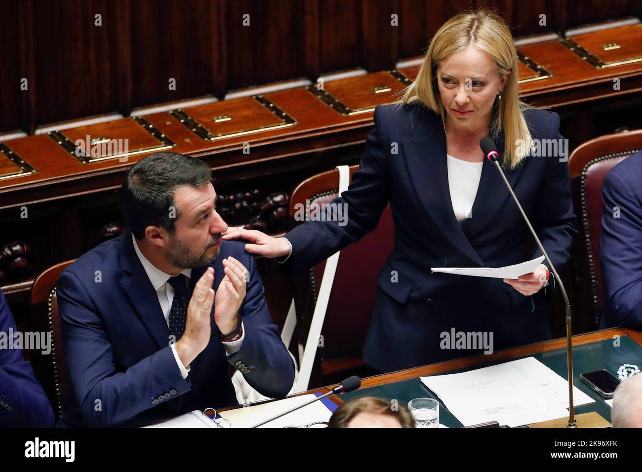Italy, Rome, October 25, 2022 : Giorgia Meloni, new President of the Council of Ministers, flanked by the Vice Presidents, Matteo Salvini Minister of Stock Photo