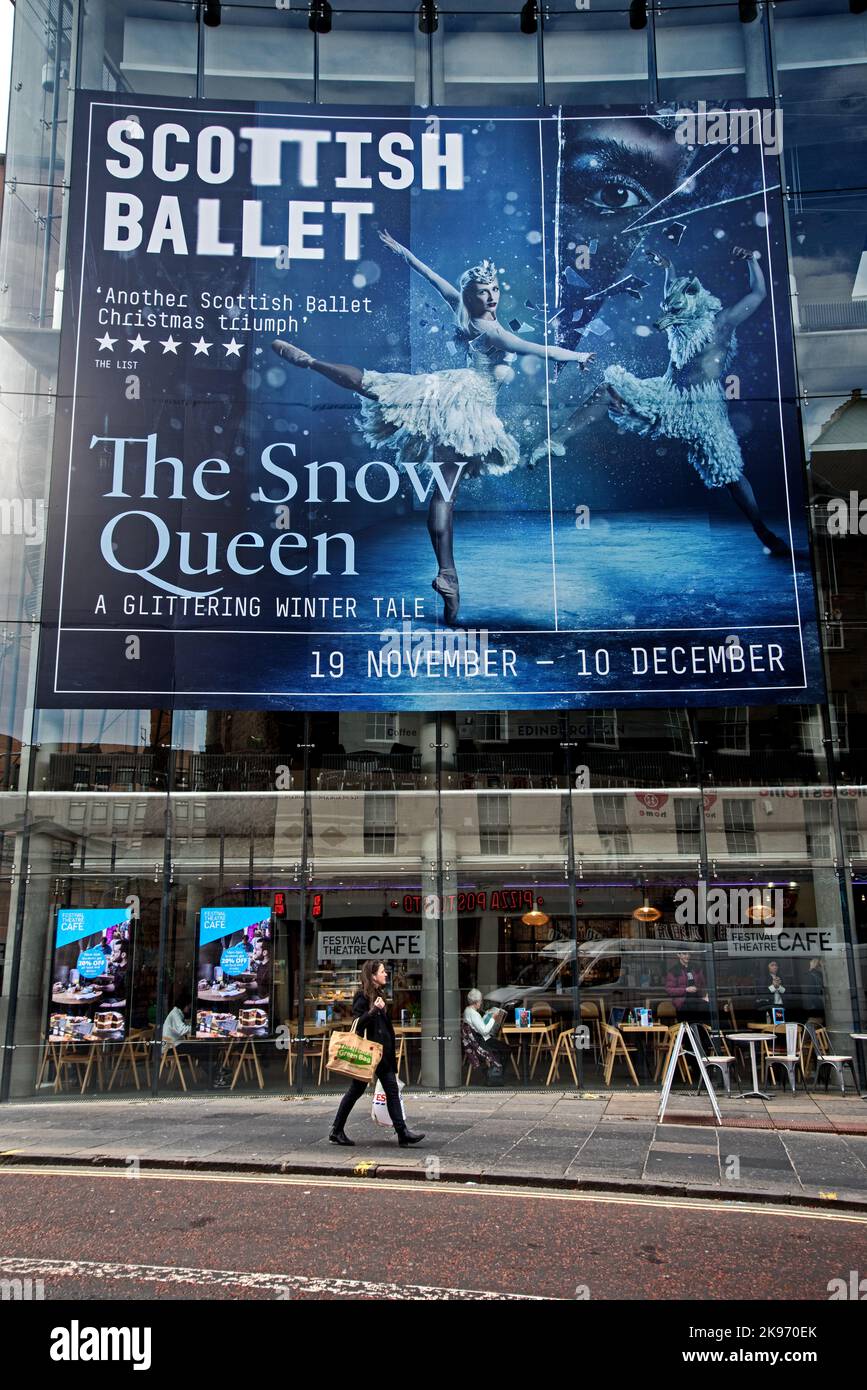Scottish Ballet's 'The Snow Queen' advertised on the Festival Theatre, Nicolson Street, Edinburgh, Scotland, UK. Stock Photo