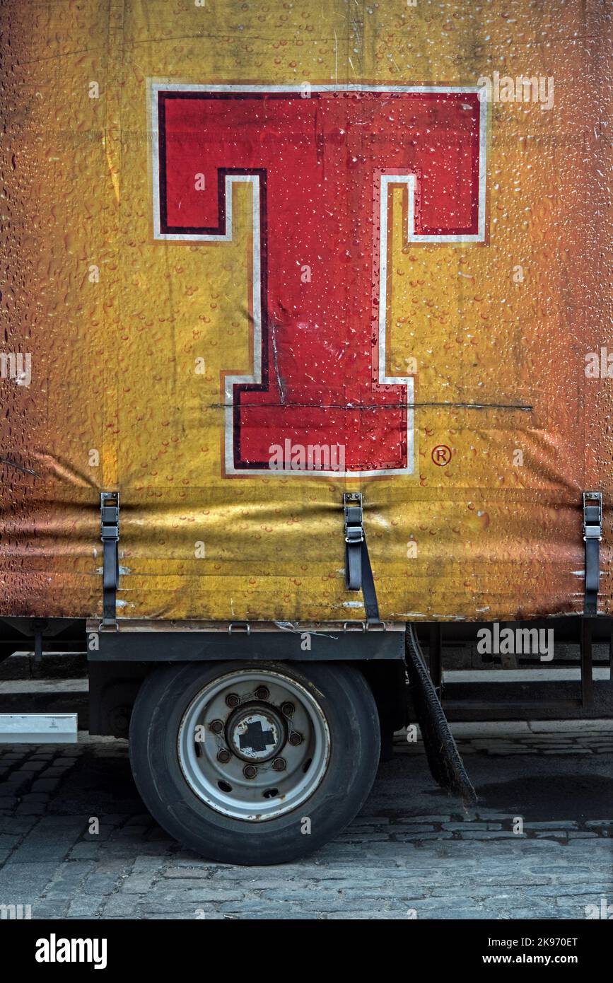 Tennents T logo, detail from a Tennents Lager beer delivery lorry. Stock Photo
