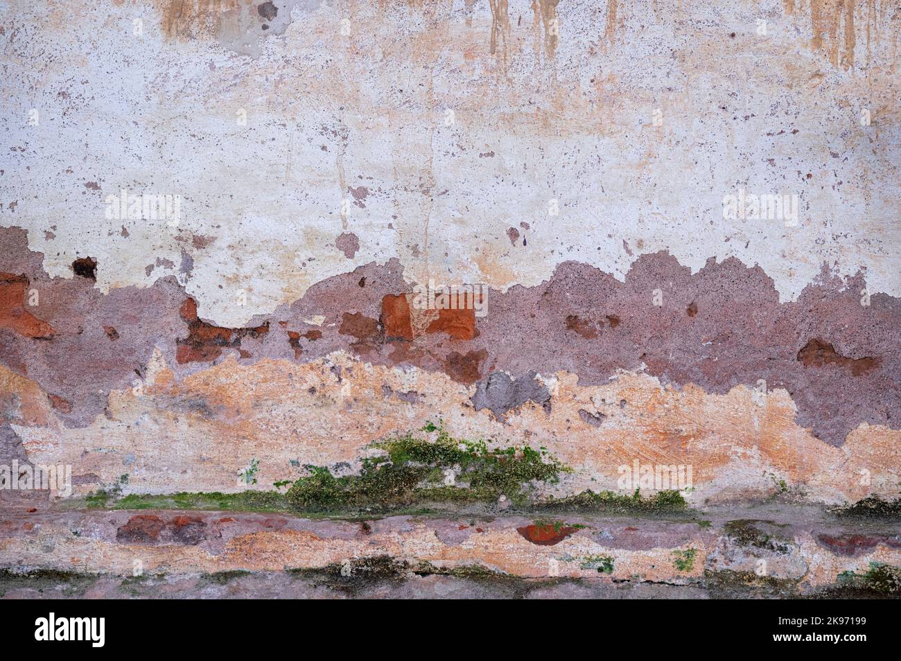 Grunge old plaster wall background,Weathered building facade with old damaged plaster,grunge brick wall texture distressed wall surface Stock Photo