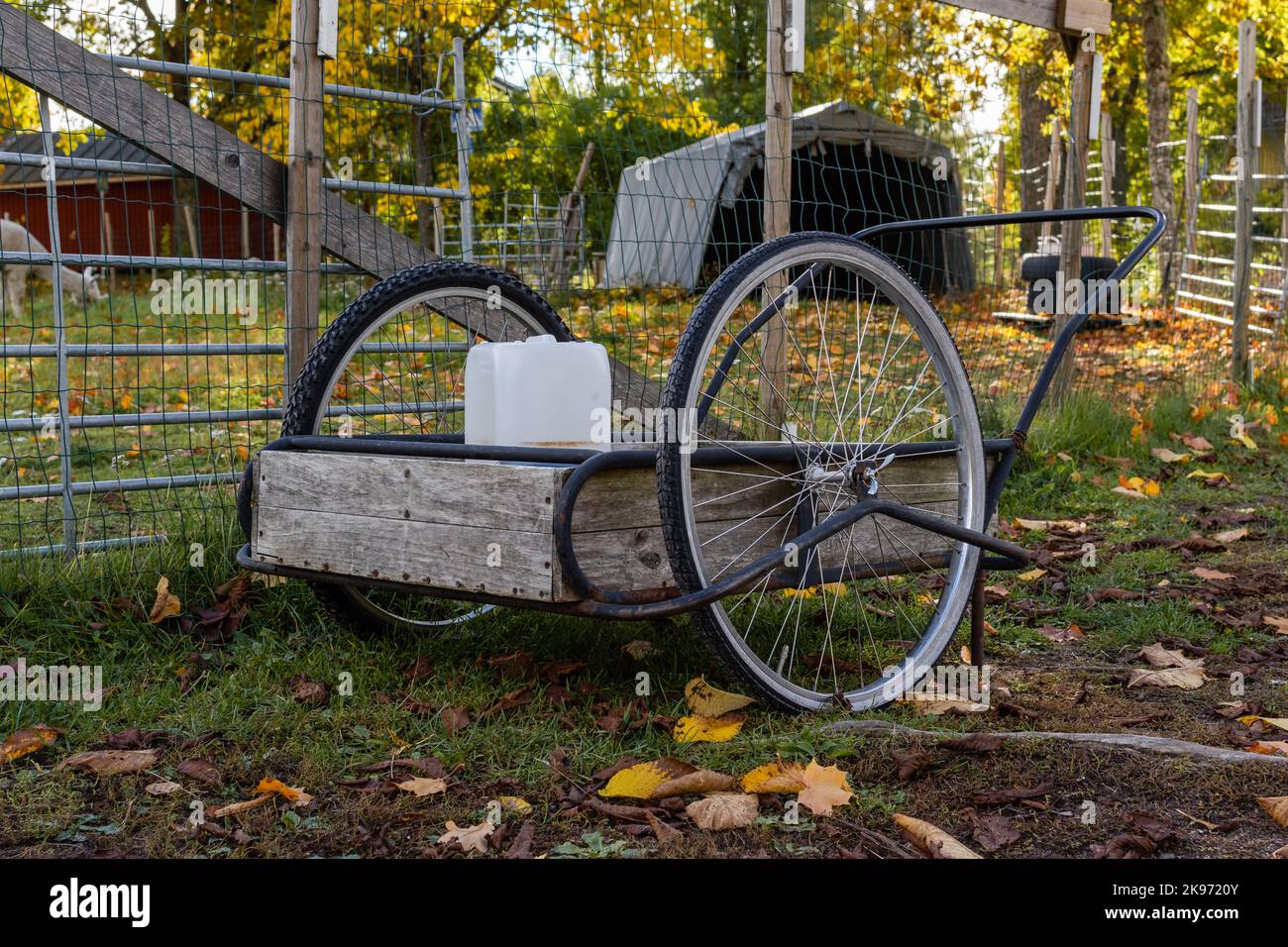 Old traditional pushcart in front of animal enclosure Stock Photo