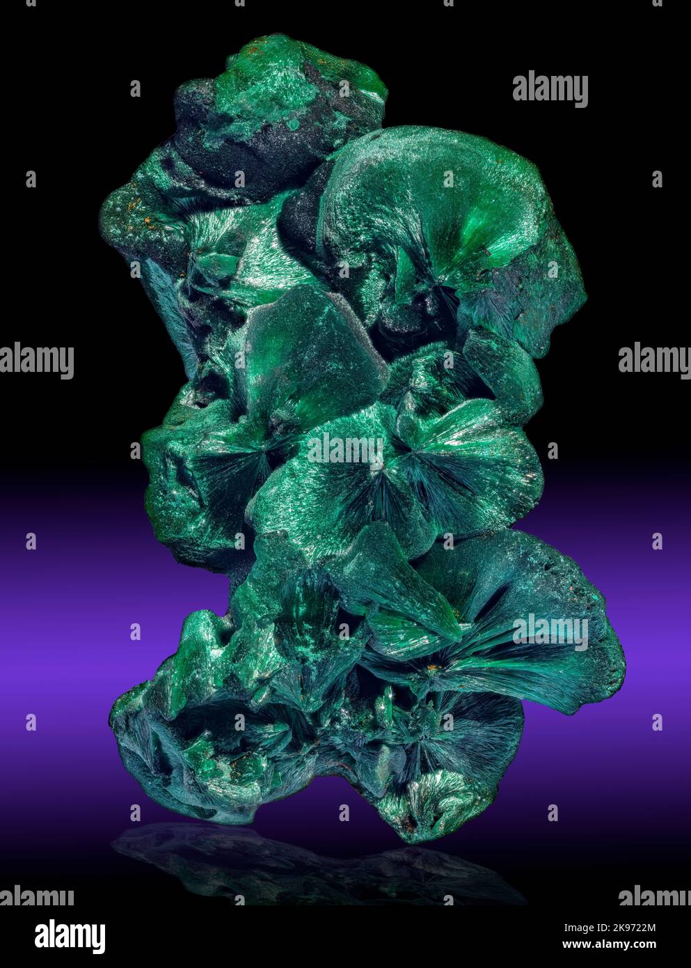 Malachite Fibrous Clusters, China Malachite is a copper carbonate hydroxide mineral. Stock Photo