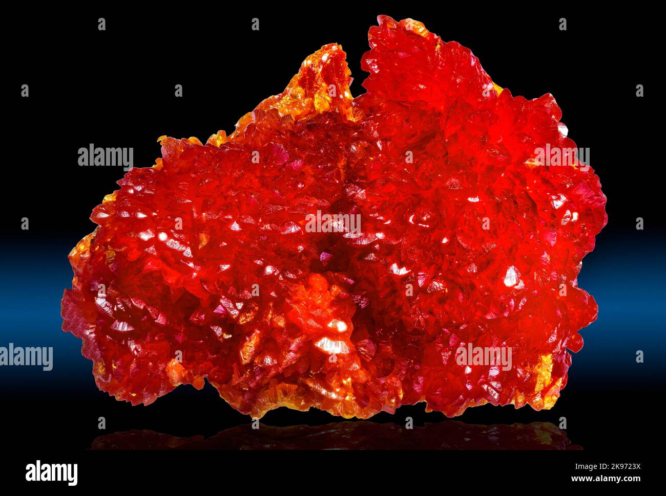 Orpiment, Caucasus, Russia Orpiment is a deep-colored, orange-yellow arsenic sulfide mineral. Found in volcanic fumaroles, low-temperature hydrotherma Stock Photo