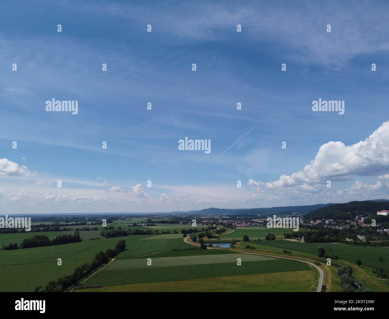 Aerial view of an agricultural field with grain planted in spring in ...
