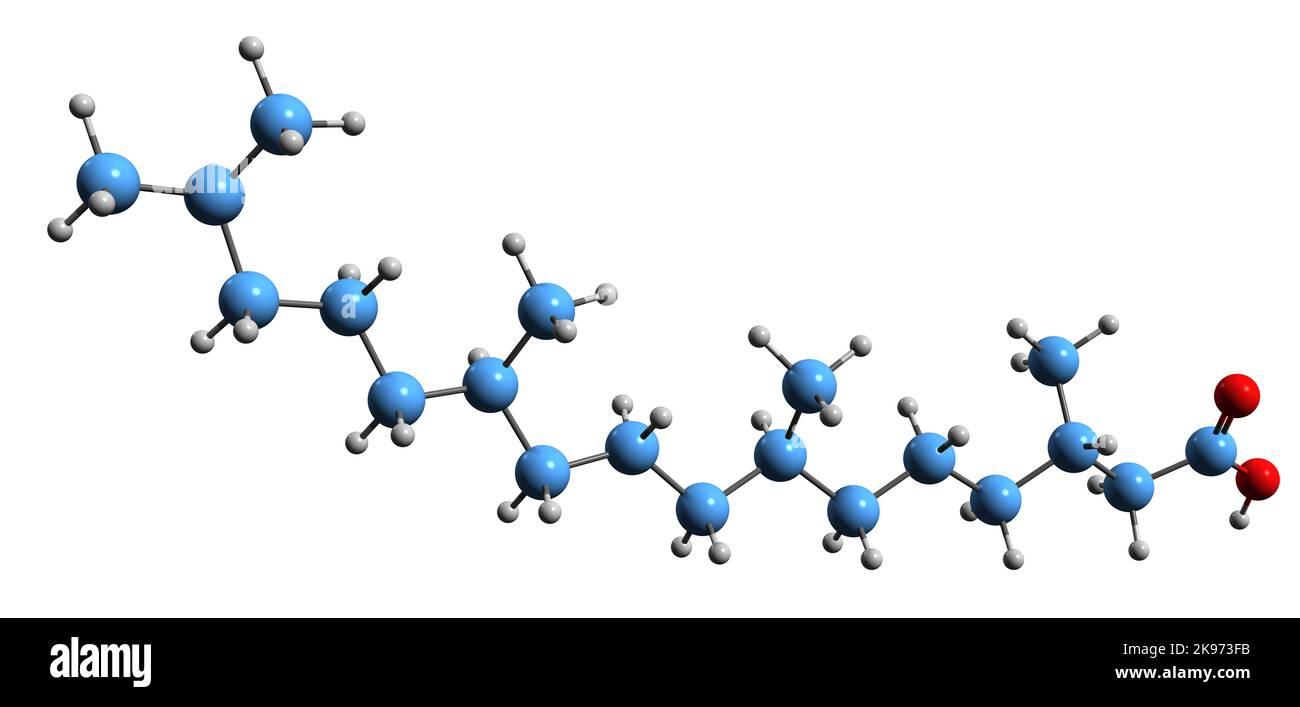 3D image of Phytanic acid skeletal formula - molecular chemical structure of phytanoic acid isolated on white background Stock Photo