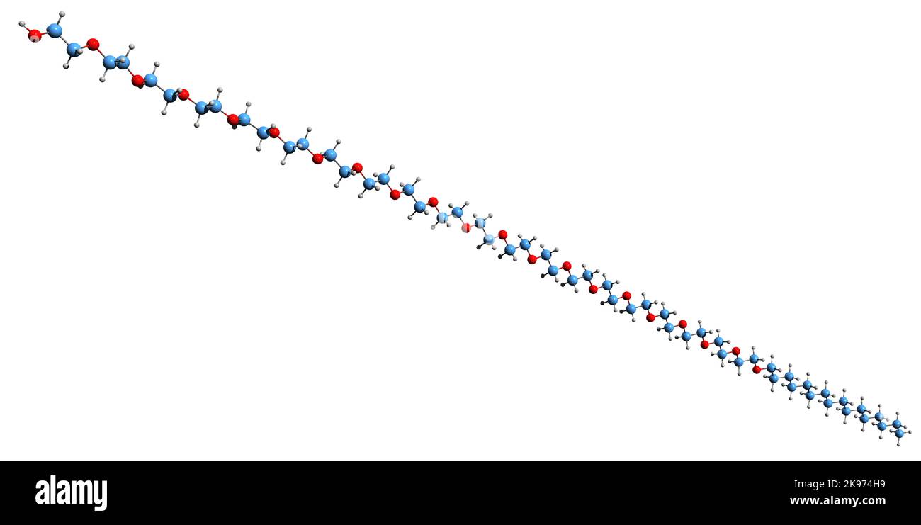 3D image of polyethylene glycol skeletal formula - molecular chemical structure of  polyether compound PEG isolated on white background Stock Photo