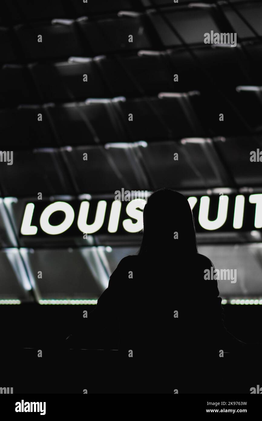The person's black silhouette with the Louis Vuitton light sign