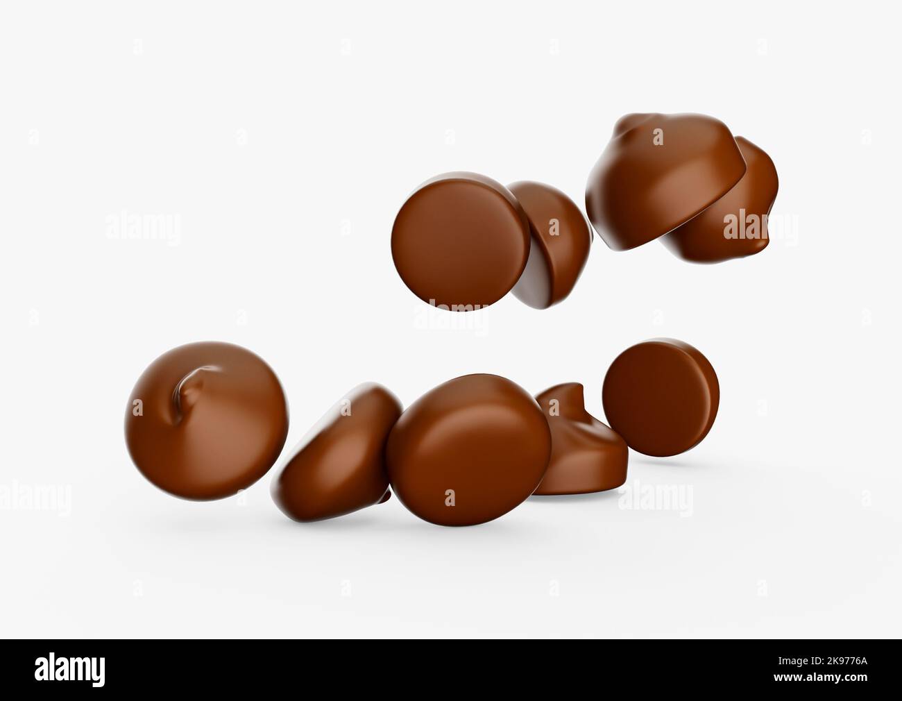Chocolate chips morsels or drops, Falling flying isolated on white