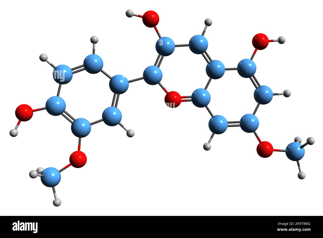 3D image of Rosinidin skeletal formula - molecular chemical structure of O-methylated anthocyanidin isolated on white background Stock Photo