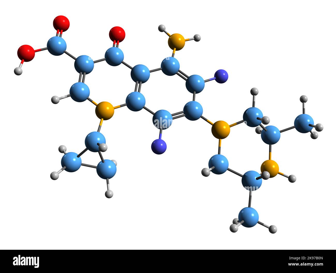 3D image of Sparfloxacin skeletal formula - molecular chemical structure of fluoroquinolone antibiotic isolated on white background Stock Photo