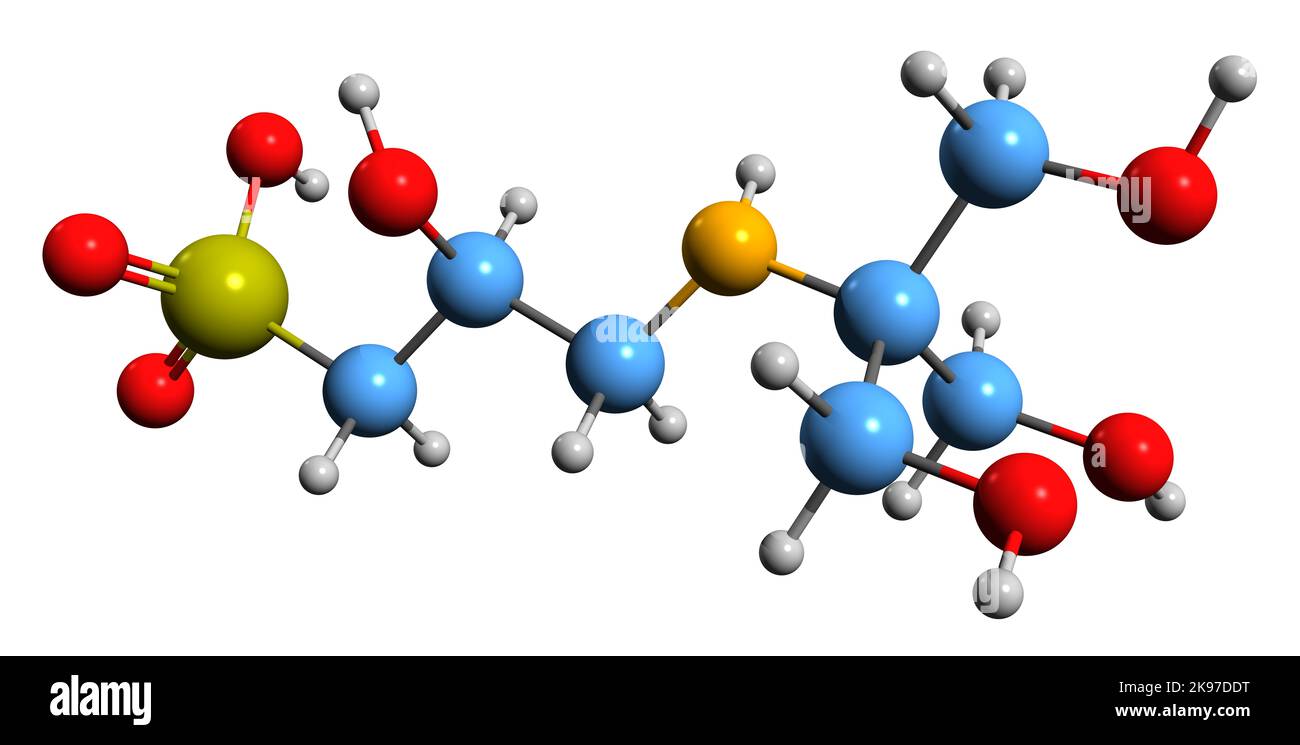 3D image of buffer TAPSO skeletal formula - molecular chemical structure of zwitterionic biological buffer isolated on white background Stock Photo