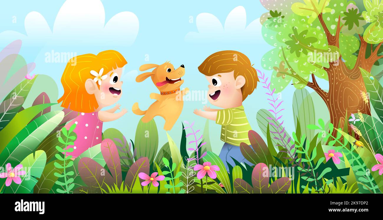 Kids Play Jump with Dog Pet in Park or Forest Stock Vector