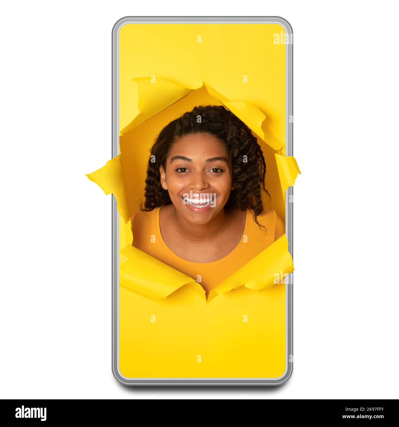 Black Woman In Phone Screen Posing In Torn Background, Collage Stock Photo